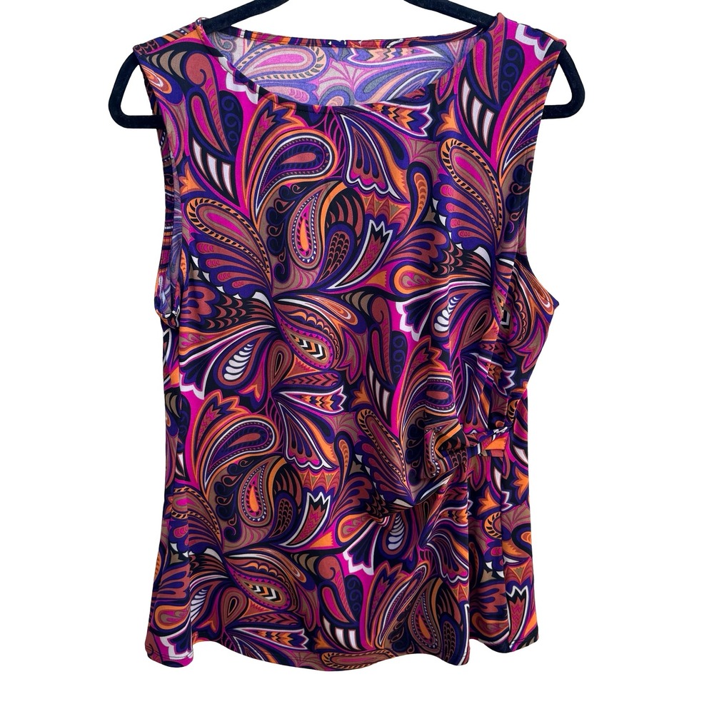 Kasper Boho Psychedelic Mod Careerwear Side Drape Paisley Sleeveless Blouse M